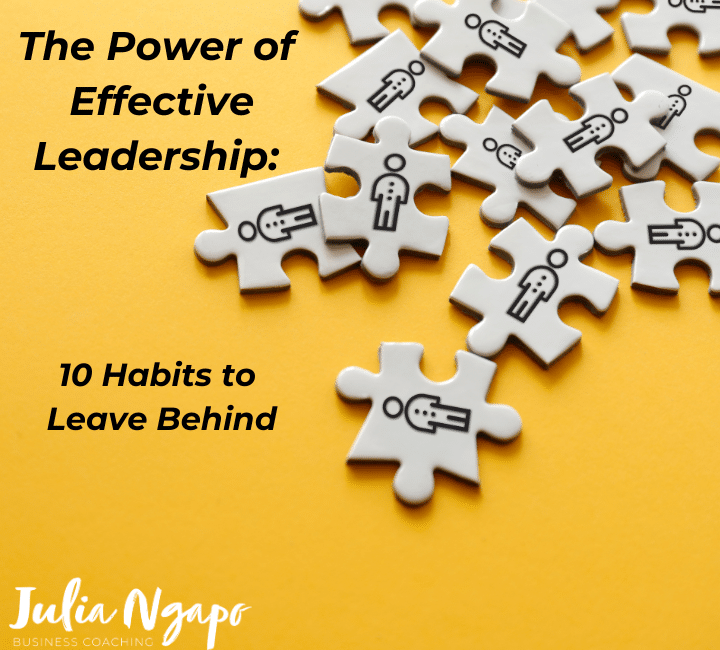 Effectve leadership -The-power-of-effective-leadership-Julia Ngapo Business Coaching - yellow background with wodden jigsaw pieces splayed out on top, each featuring a graphic of a person.