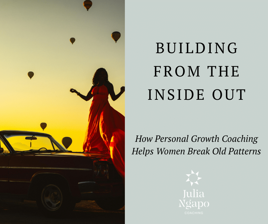 woman in red ballgown experiencing the joy of a sunrise, while hot air balloons fly in the background, symbolising the freedom she experiences after personal growth coaching - Julia Ngapo Coaching